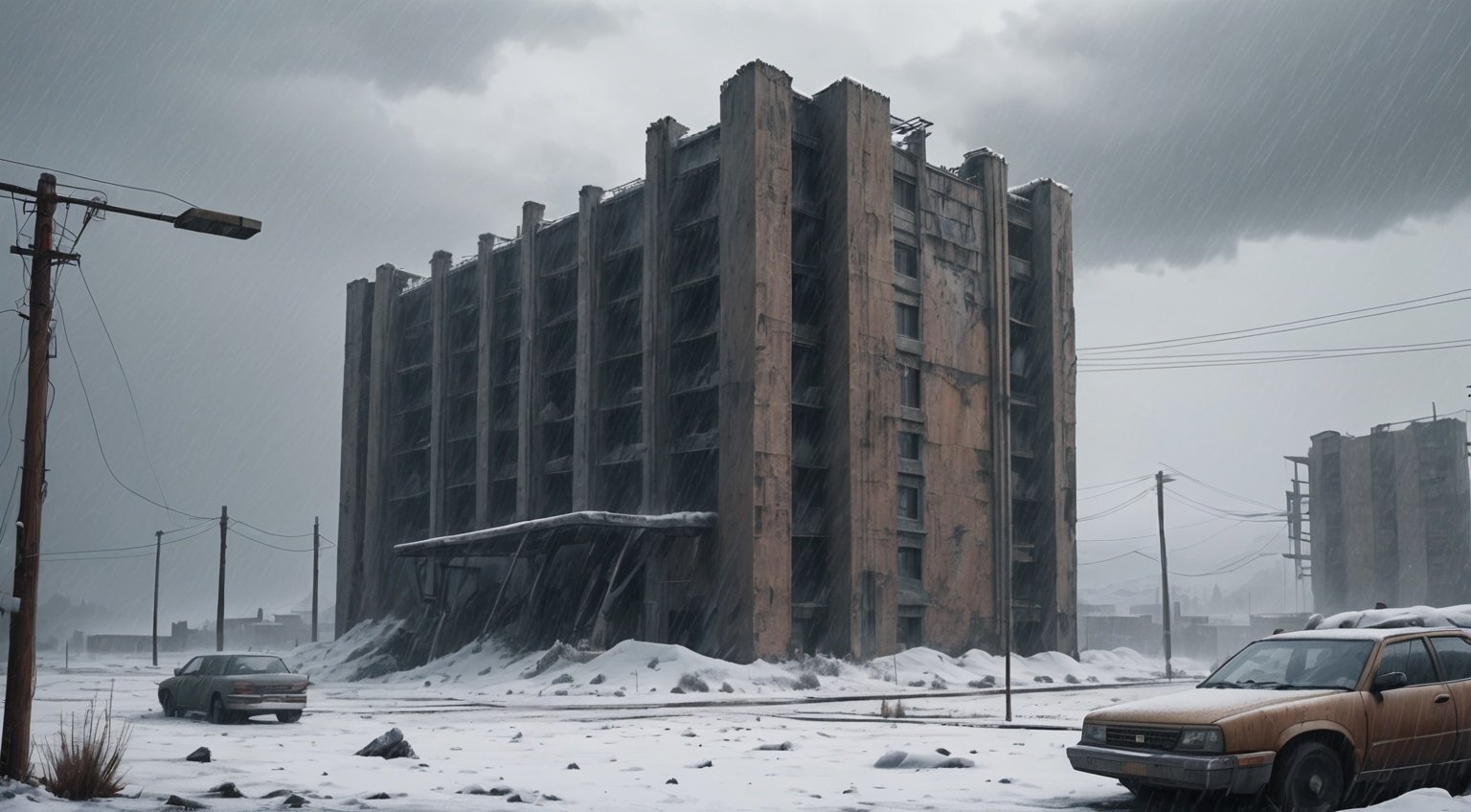 letterboxed, scenery, no humans, snowing, snow, outdoors, rain, building, solo, (doomsday wasteland style:1.2), dystopianism, future urban ruins, reality, realistic style,