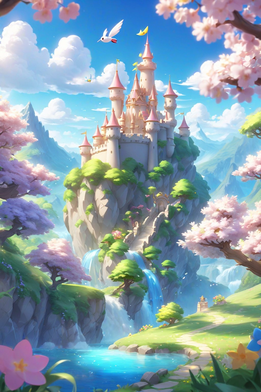 Pokémon style (extremely detailed CG unity 8k wallpaper),(((masterpiece))),(((best quality))),((ultra-detailed)),(best illustration),(best shadow),((an extremely delicate and beautiful)),dynamic angle,floating,The detailed castle,(((the best building))),mist encircles the mountains,fairyland,dynamic angle,classic,(detailed light),feather,nature,(sunlight),river,forest,flowers,beautiful and delicate water,(painting),(sketch),(bloom),(shine), . Vibrant, cute, anime, fantasy, reminiscent of Pokémon series