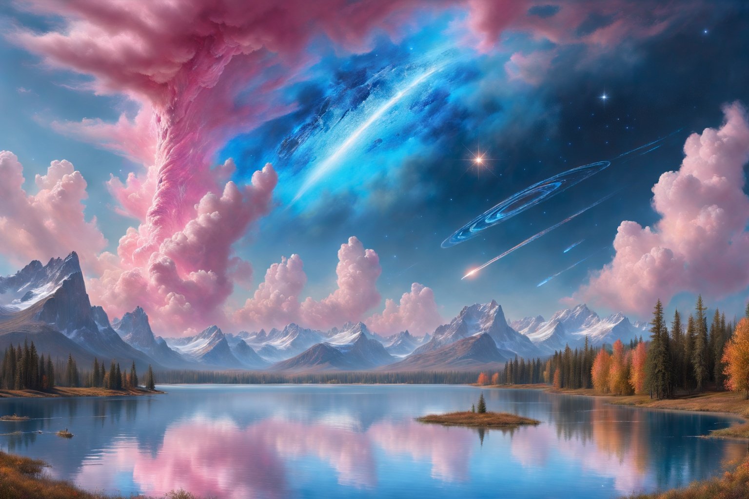 ((panorama)),oil painting,best quality,extremely detailed CG unity 8k wallpaper,(masterpiece),(amazing)((dreamlike and picturesque)),dreamy,((unreal)),((((in the dreamy sky with blue-pink clouds)))),there are some stars in the sky,a glass-like lake,((a big blue meteor streaked across the sky and fall into the lake)),