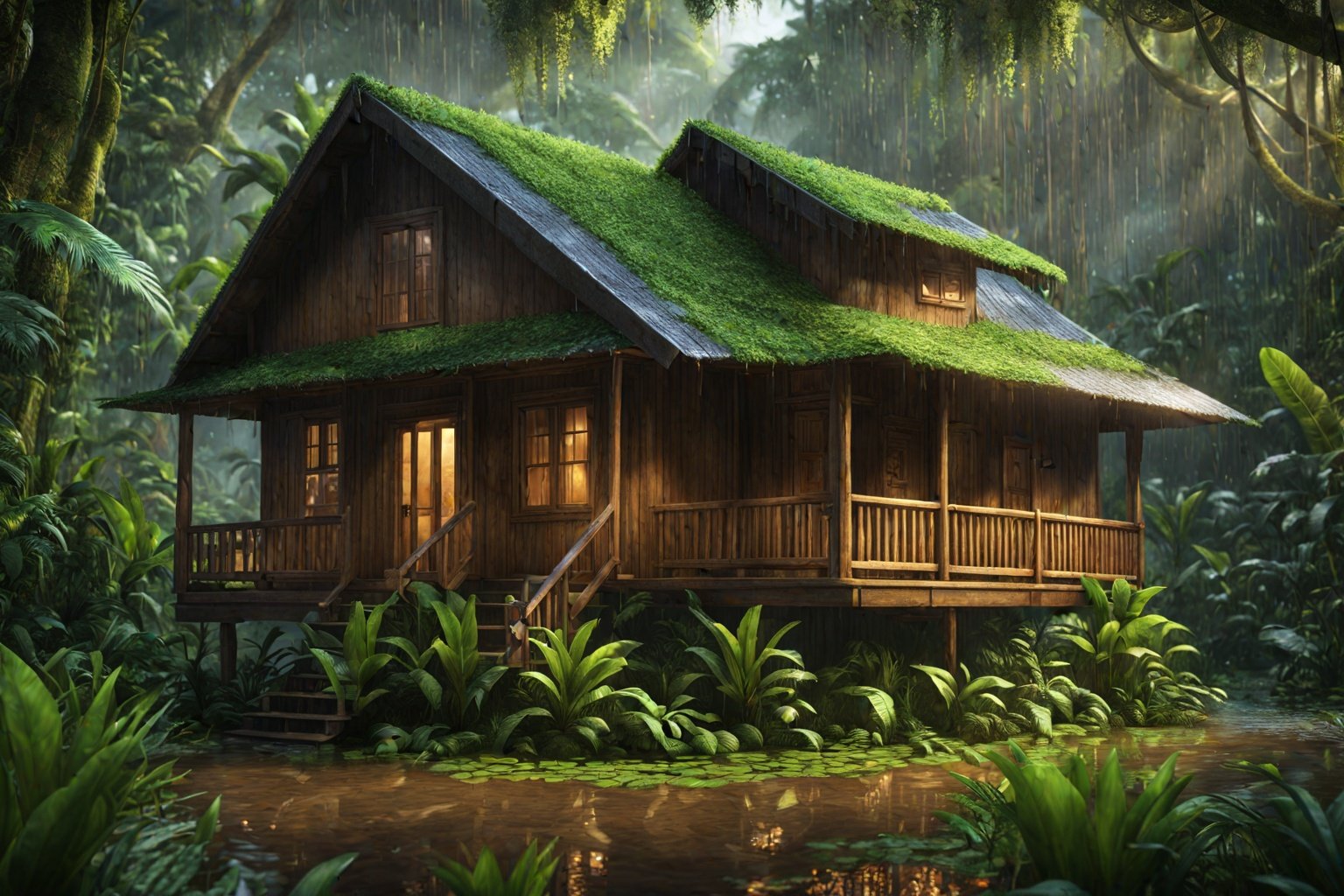 flying raindrops,a small wooden house built in the rainforest,a photo of a  highly detailed digital painting,dim volumetric lighting,8 k,octane beautifully detailed render,extremely hyper detailed,intricate,epic composition,cinematic lighting,masterpiece,trending on artstation,very very detailed,stunning,hdr,smooth,sharp focus,high resolution,award,winning photo,dslr,5 0 mm,