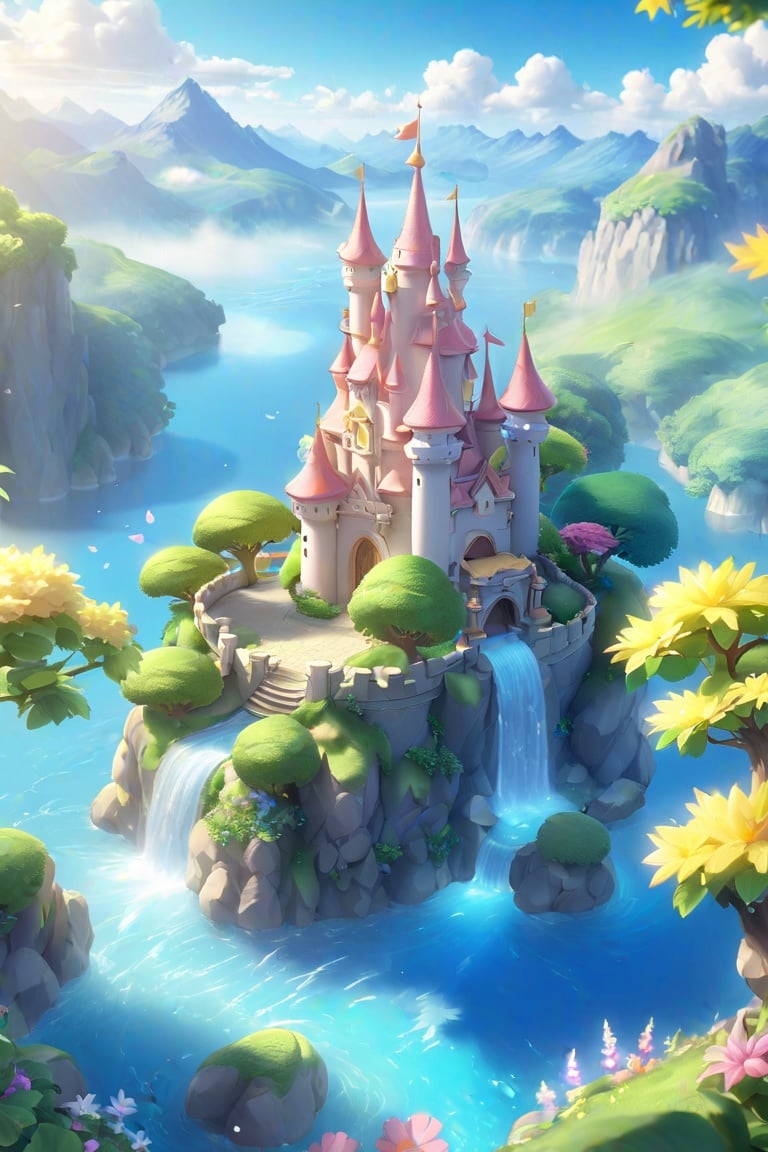 Pokémon style (extremely detailed CG unity 8k wallpaper),(((masterpiece))),(((best quality))),((ultra-detailed)),(best illustration),(best shadow),((an extremely delicate and beautiful)),dynamic angle,floating,The detailed castle,(((the best building))),mist encircles the mountains,fairyland,dynamic angle,classic,(detailed light),feather,nature,(sunlight),river,forest,flowers,beautiful and delicate water,(painting),(sketch),(bloom),(shine), . Vibrant, cute, anime, fantasy, reminiscent of Pokémon series