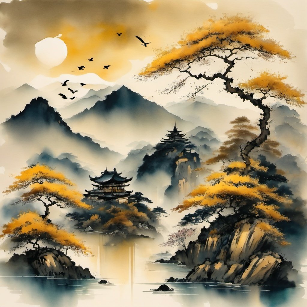 ink scenery, tree, scenery, architecture, mountain, bird, east asian architecture, sun,golden theme, muted color, ink art<lora: ink_scenery_xl:1> 