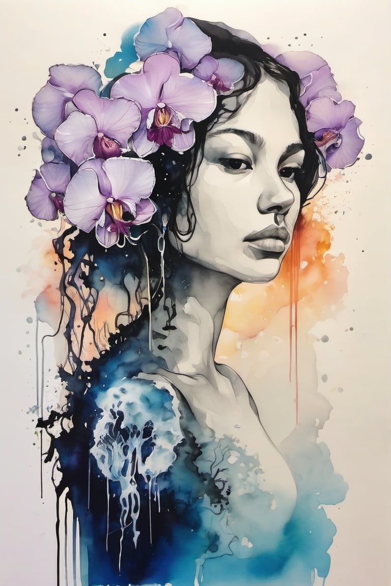 ink scenery, white background, scenery, ink, ink painting, (1girl:1.5), (girl portrait:1.5), sunset in the background, orchid, jellyfish, bioluminescent, symmetrical artwork,<lora: ink_scenery_xl:1> 