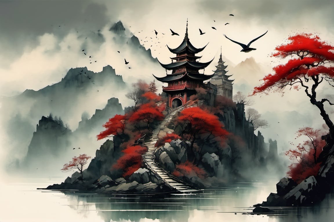 ink scenery, tree, scenery, bird, architecture, castle, no humans, water, mountain, outdoors, fog,red theme, muted color, ink art<lora: ink_scenery_xl:1> 