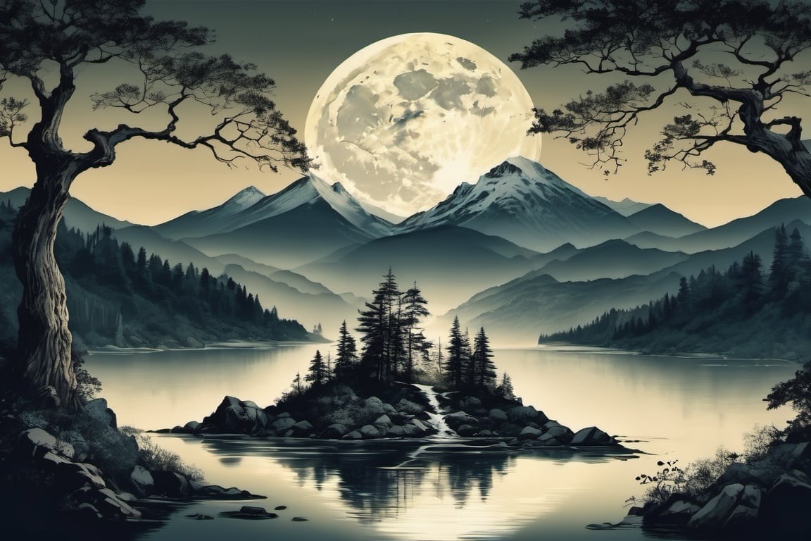 ink scenery, no humans, tree, mountain, nature, scenery, outdoors, water, forest, lake,night, full moon, <lora: ink_scenery_xl:1> 