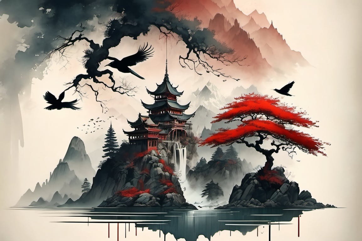 ink scenery, tree, scenery, bird, architecture, castle, no humans, water, mountain, outdoors, fog,red theme, muted color, ink art<lora: ink_scenery_xl:1> 