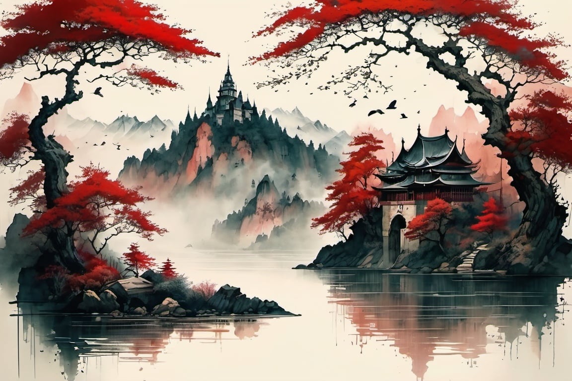 ink scenery, tree, scenery, bird, architecture, castle, no humans, water, mountain, outdoors, fog,red theme, muted color, ink art<lora: ink_scenery_xl:1> 