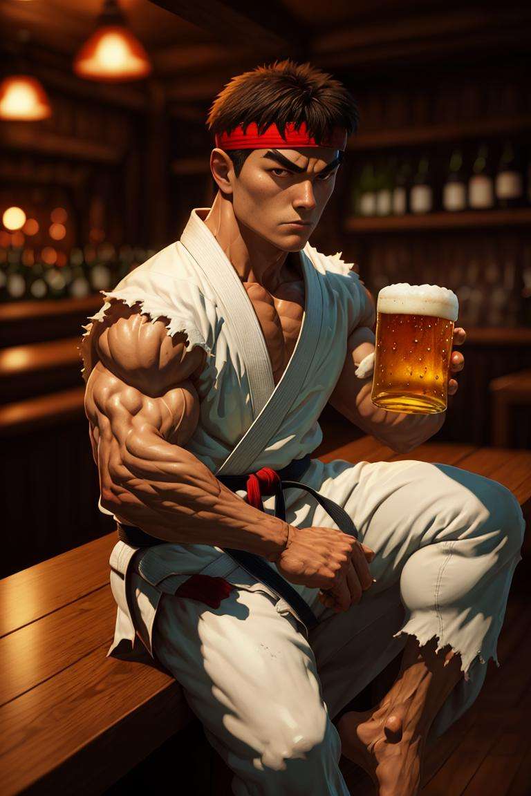 ryu, 1guy, white karate gi,white pants, red headband, fighting glove, barefoot, black belt, kimono, white pants, detailed eyes,  in the pub, holding a beer, sitting, detailed eyes, best quality, masterpiece, highres, perfect picture, highly detailed, high contrast , digital colors, bright colors black pants, perfect face, looking to viewer  (detailed:1.2), atmospheric, <lora:ClassicHotRyu:1>