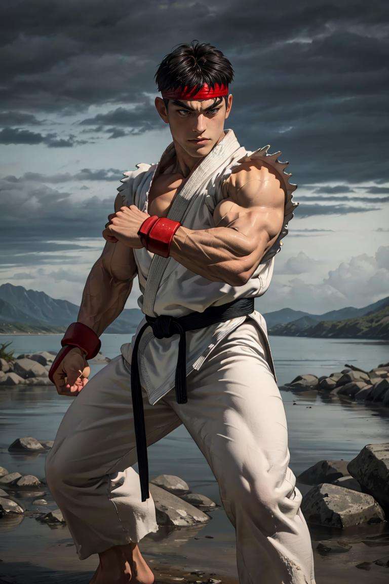 ryu, 1guy, white karate gi,white pants, red headband, fighting glove, barefoot, black belt, kimono, white pants, detailed eyes, detailed face, masterpiece, highres, perfect picture, at the river, fighting stance, (detailed:1.2), atmospheric, <lora:ClassicHotRyu:1>