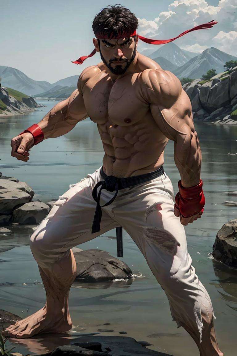 ryu, 1guy, shirtless, beard, ripped white pants, muscular, red headband, fighting glove, barefoot, black belt, kimono, white pants, detailed eyes, detailed face, masterpiece, highres, perfect picture, at the river, fighting stance, (detailed:1.2), atmospheric, <lora:ClassicHotRyu:1>