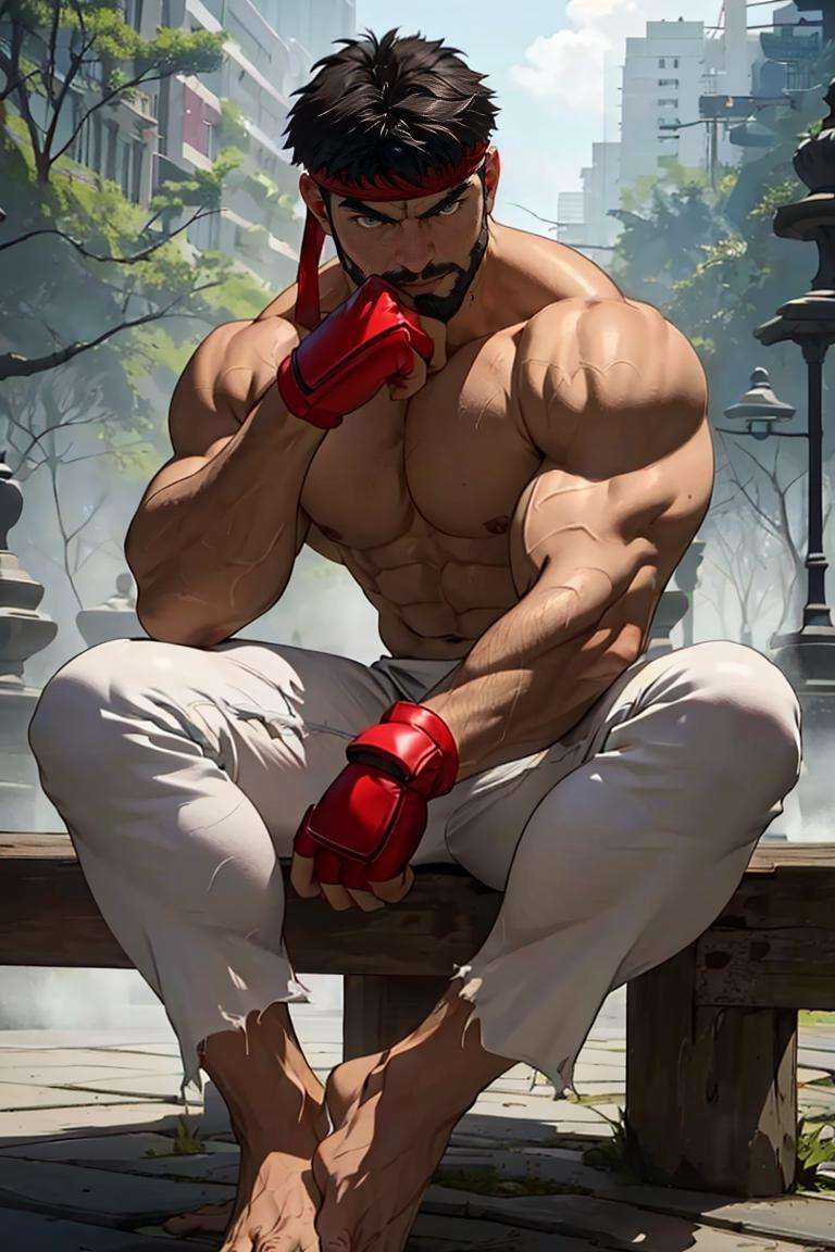 ryu, 1guy, shirtless, beard, ripped white pants, muscular, red headband, fighting glove, barefoot, black belt, kimono, white pants, detailed eyes, detailed face, masterpiece, highres, perfect picture, at the park, sitting, (detailed:1.2), atmospheric, <lora:ClassicHotRyu:1>