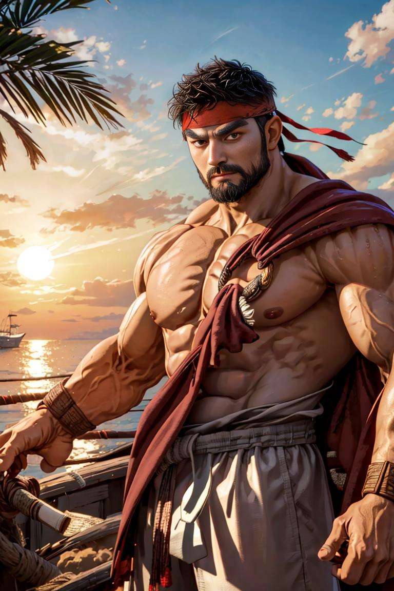 ryu, 1guy, beard, brown robe, golden ring, brown cloth,headband, black martial arts belt ,white pants, detailed eyes, medium shot, flexing, at the shore, palms, pier, boats, sunset, backlighting:1.1, flare, sun rays, golden hour,  highres, sharp picture, mood lighting, intricate details,  detailed eyes, best quality, masterpiece, highres, perfect picture, highly detailed, high contrast , digital colors, bright colors , perfect face, looking to viewer <lora:SF6Ryu:0.92>