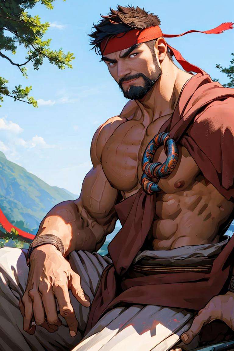 ryu, 1guy, beard, smirk, brown robe, golden ring, brown cloth,headband, black martial arts belt ,white pants, detailed eyes,  sitting, meditating, clod shot, highres, sharp picture, mood lighting, intricate details, erotic picture, handsome man , detailed eyes, best quality, masterpiece, highres, perfect picture, highly detailed, high contrast , digital colors, bright colors , perfect face, looking to viewer <lora:SF6Ryu:1>