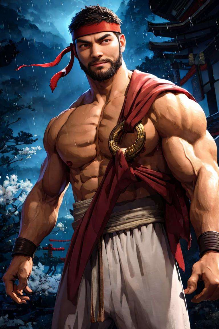 ryu, 1guy, beard, brown robe, golden ring, brown cloth,headband, black martial arts belt ,white pants, detailed eyes, portrait closeup, Japanese temple, raining,,highres, sharp picture, mood lighting, intricate details,  detailed eyes, best quality, masterpiece, highres, perfect picture, highly detailed, high contrast , digital colors, bright colors , perfect face, looking to viewer <lora:SF6Ryu:0.92>