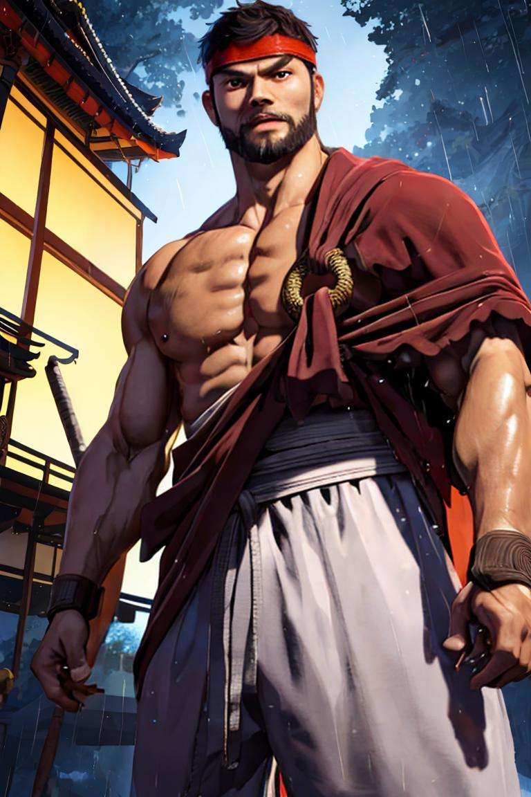 ryu, 1guy, beard, brown robe, golden ring, brown cloth,headband, black martial arts belt ,white pants, detailed eyes, portrait closeup, Japanese temple, raining,,highres, heroic pose, view from below, sharp picture, mood lighting, intricate details,  detailed eyes, best quality, masterpiece, highres, perfect picture, highly detailed, high contrast , digital colors, bright colors , perfect face, looking to viewer <lora:SF6Ryu:0.95>