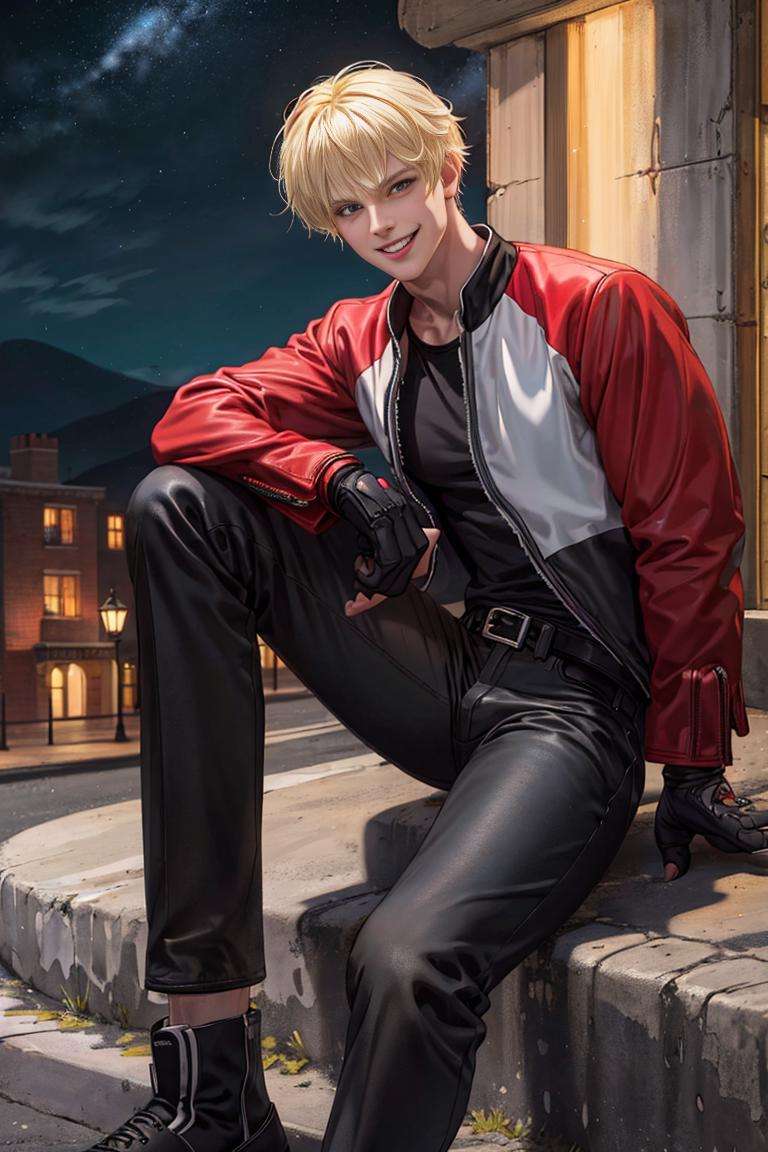 masterpiece, highquality, RockHoward, 1guy, smile, red  jacket, black shirt, shoes,   fingerless gloves, black pants, belt, sitting, best quality, masterpiece, highres, perfect picture, highly detailed, high contrast , colored, bright colors, perfect color palette, solo , smile  detailed eyes, blonde hair, night at the mountain <lora:RockHoward-000003:1> style-empire