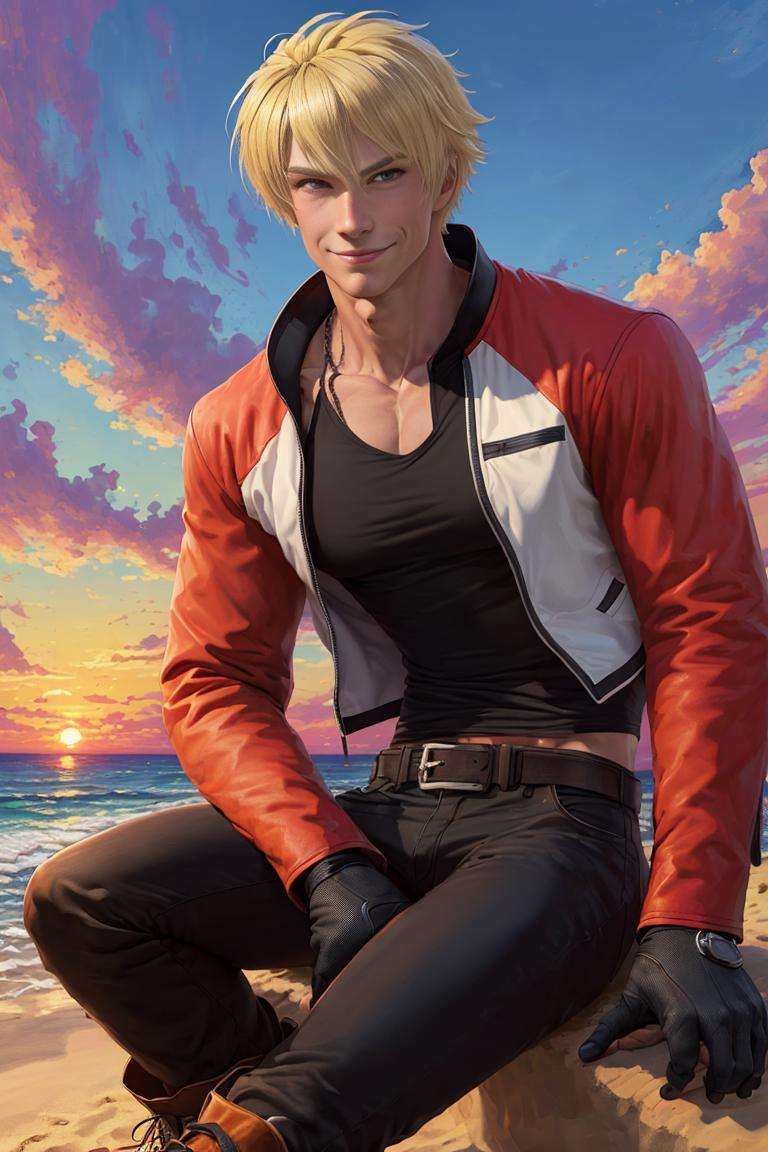 masterpiece, highquality, RockHoward, 1guy, serious face, red  jacket, black shirt, shoes,   fingerless gloves, black pants, belt, boots, sitting, best quality, masterpiece, highres, perfect picture, highly detailed, high contrast , colored, bright colors, perfect color palette, solo , smile  detailed eyes, blonde hair, sunset at the beach, <lora:RockHoward-000003:1>