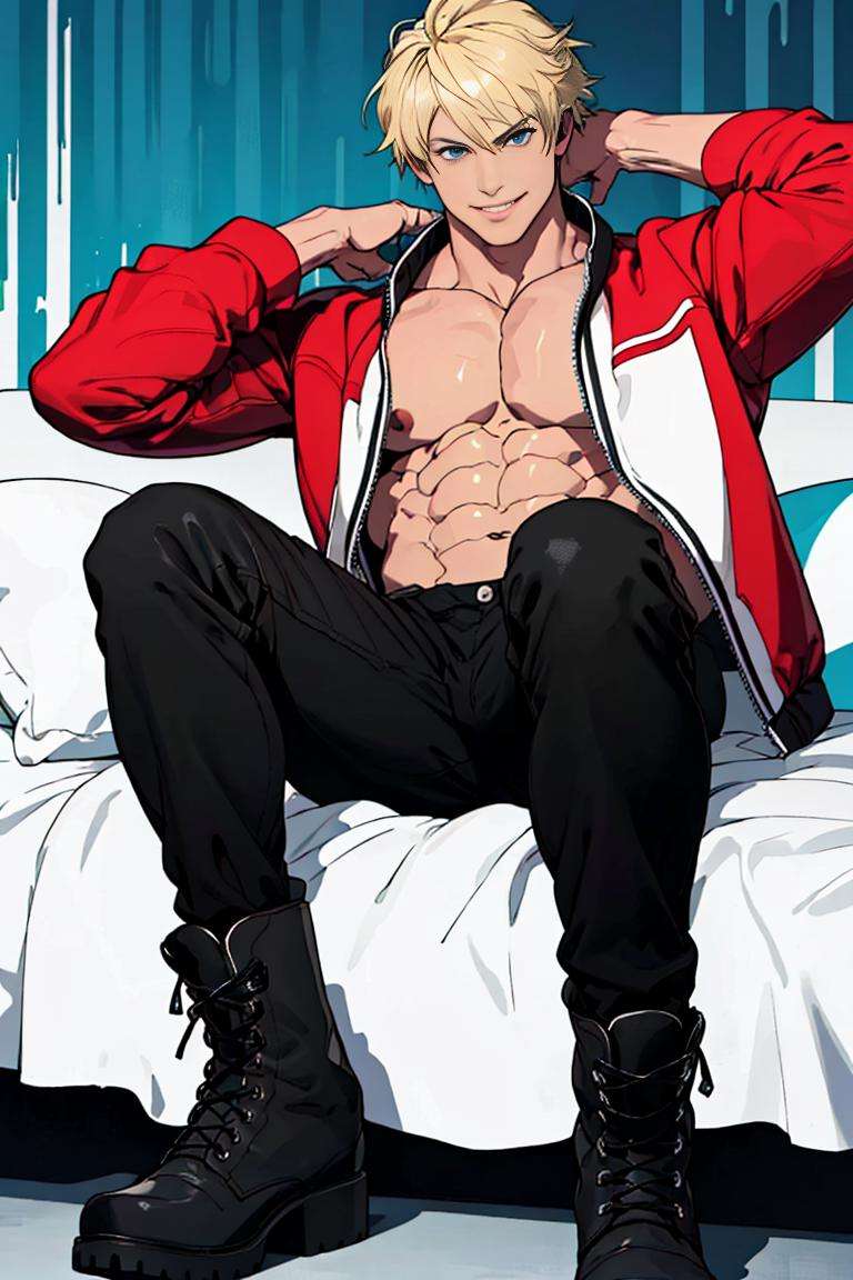 masterpiece, highquality, RockHoward, 1guy, serious face, blonde hair,  red  jacket, shirtless, pectorals, abs,  black pants, boots, sitting, best quality,  solo , smile  detailed eyes, , , <lora:RockHoward-000003:1> bulge, laying on bed, relaxing,oily skin, smirk, hands behind head, handsome, charming, masterpiece, highres, detailed face, detailed eyes, erotic feelings, perfect picture, highly detailed, high contrast , colored, bright colors, perfect color palette