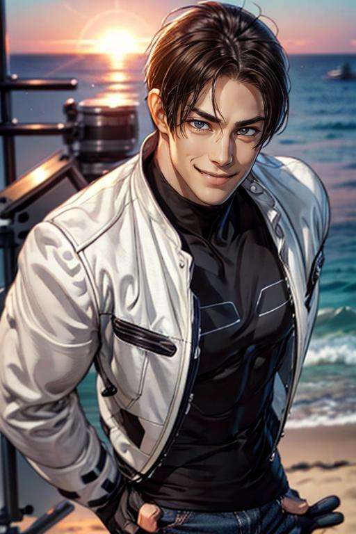 nestskyo, 1guy, solo, white jacket, fingerless gloves, black t-shirt, cross t-shirt, denim pants, medium shot, brown eyes, portrait, , handsome, , smiling, charming, masterpiece, highres, detailed face,detailed eyes, smirk, at the beach<lora:KyoNests-000004:1>