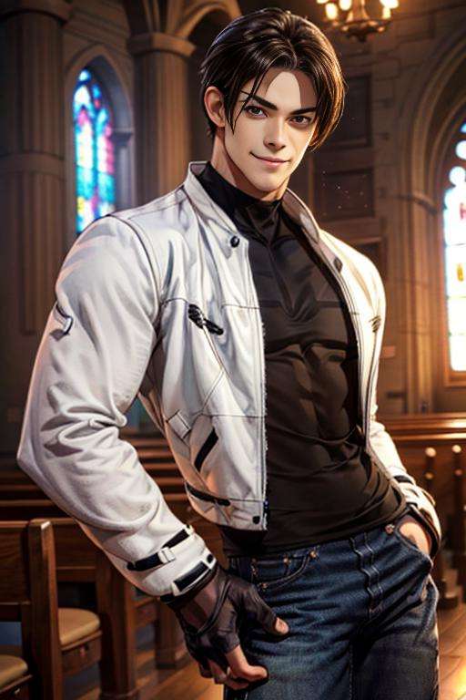 nestskyo, 1guy, solo, white jacket, fingerless gloves, black t-shirt, cross t-shirt, denim pants, medium shot, brown eyes, portrait, , handsome, smiling, charming, masterpiece, highres, detailed face,detailed eyes, smirk, at the church <lora:KyoNests-000004:1>