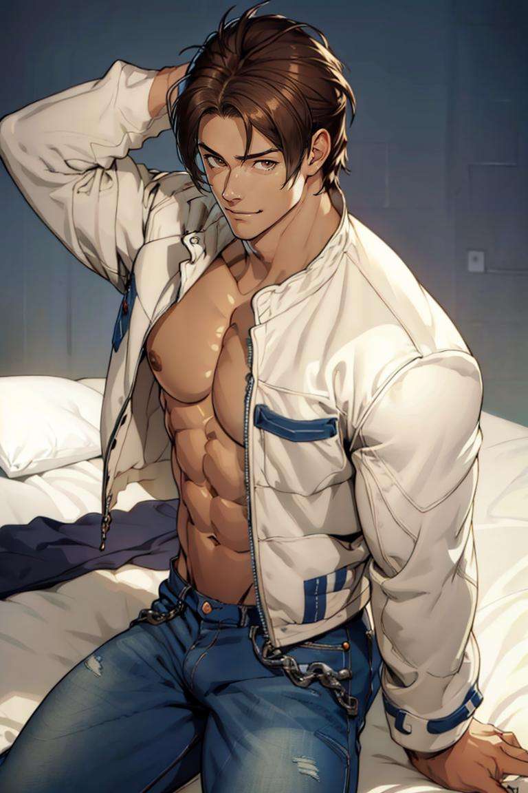 nestskyo, 1guy, solo, (white jacket:1.1), chains, denim pants, brown eyes,  shirtless:1.3, pectorals, abs, bulge:1.1, laying on bed, relaxing,oily skin, smirk, hands behind head, handsome, charming, masterpiece, highres, detailed face, detailed eyes, erotic feelings, pillow, perfect picture, highly detailed, high contrast , colored, bright colors, perfect color palette<lora:KyoNests-000004:0.95>