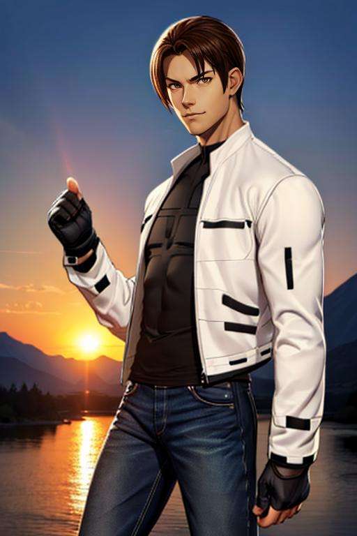 nestskyo, 1guy, solo, white jacket, fingerless gloves, black t-shirt, cross t-shirt, denim pants, portrait, brown eyes, sunset, fighting pose, , mountain, river<lora:KyoNests-000004:1>