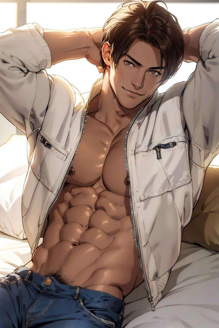 nestskyo, 1guy, solo, (white jacket:1.1), chains, denim pants, brown eyes,  shirtless:1.3, pectorals, abs, bulge:1.1, laying on bed, relaxing,oily skin, smirk, hands behind head, handsome, charming, masterpiece, highres, detailed face, detailed eyes, erotic feelings, pillow, perfect picture, highly detailed, high contrast , colored, bright colors, perfect color palette<lora:KyoNests-000004:0.95>