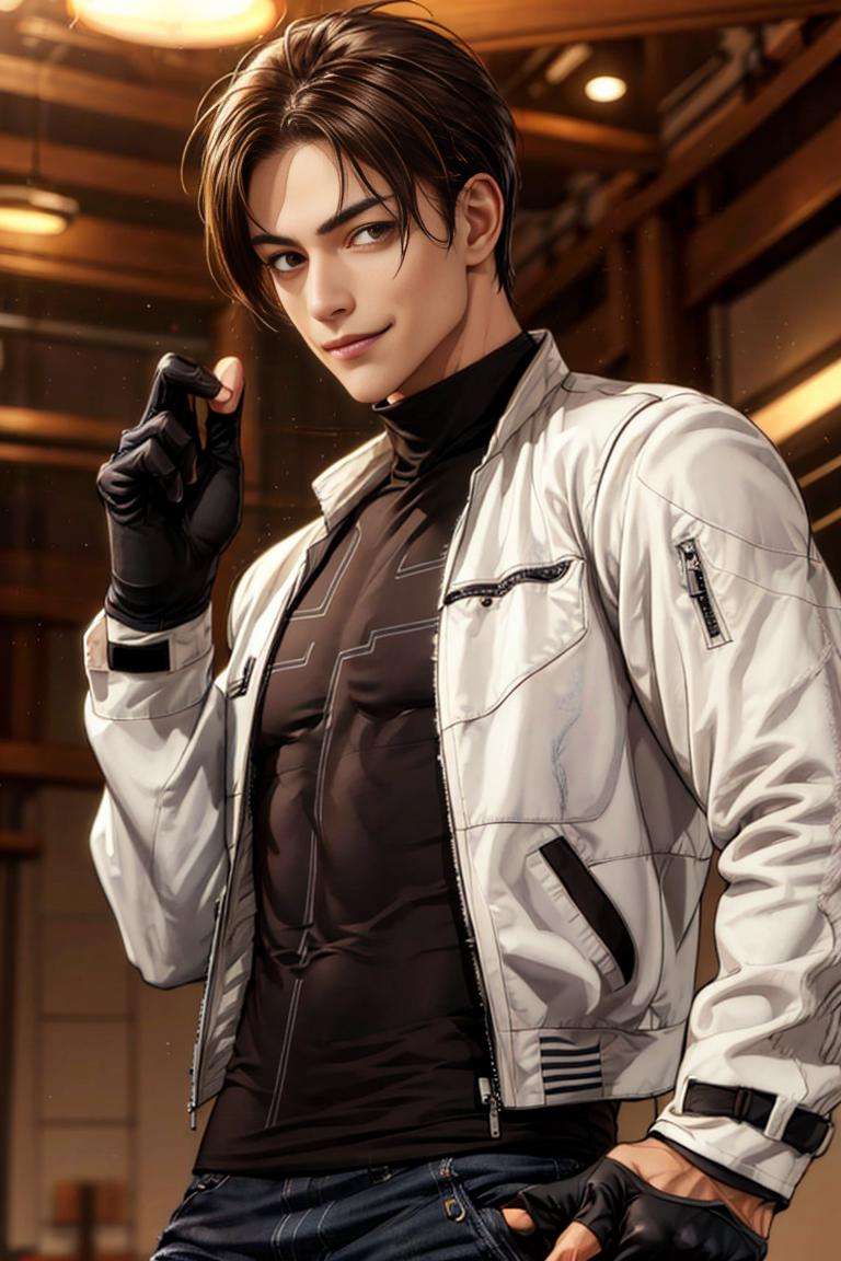 nestskyo, 1guy, solo, white jacket, fingerless gloves, black t-shirt, cross t-shirt, denim pants, medium shot, brown eyes, charming, masterpiece, highres, detailed face,detailed eyes, detailed face,detailed eyes, smirk, at the dojo <lora:KyoNests-000004:1>