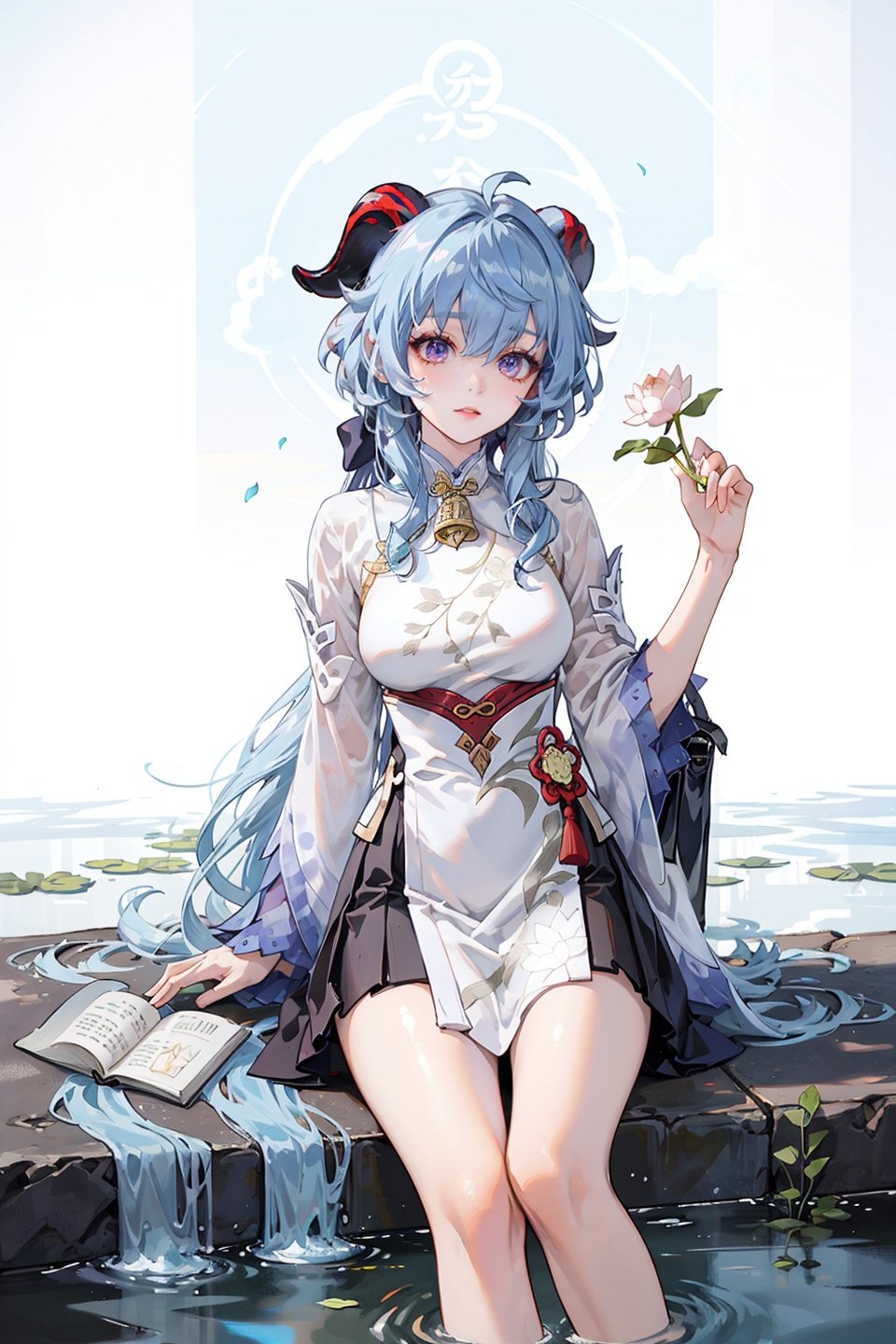 ganyumilk, white and black skirt, (horns:0.8), long hair, blue hair, purple eyes, bangs, bag, bell, sidelocks,
masterpiece,Ancient Chinese beauty sitting on stone,wearing ancient Chinese clothing,flowing tulle,light silk,lazy pose,large lotus leaves,lotus flowers,ink painting style,clean colors,decisive cutting,white space,freehand,masterpiece,super detailed,epic composition,high quality,highest quality,2.5D,1girl,Imminentpenetration,