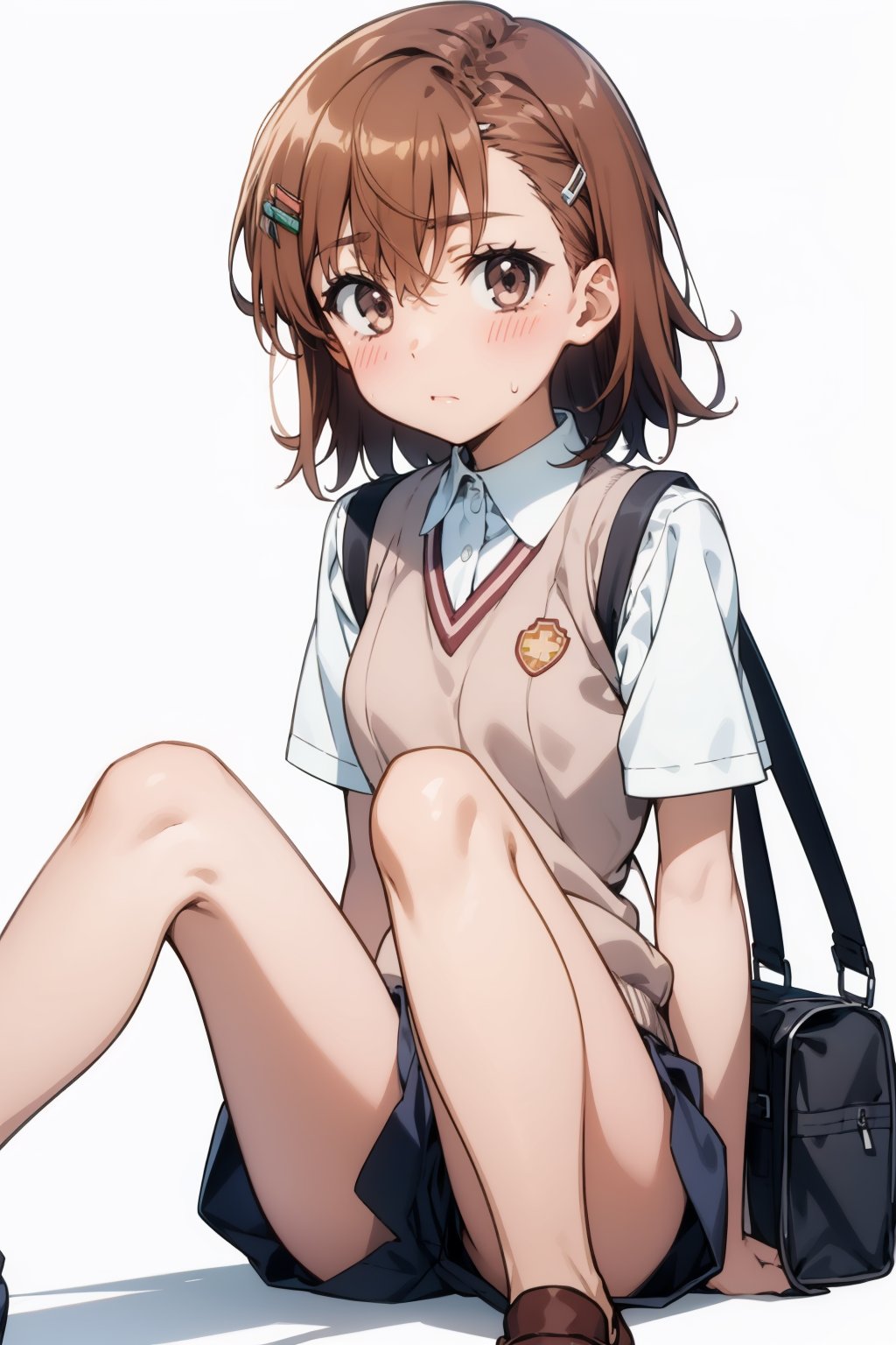 misaka_mikoto,a cartoon image of a girl with her pants down sitting on the floor, 1girl, misaka mikoto, solo, brown hair, ((white background )),
school uniform, brown eyes, blush, underwear, tokiwadai school uniform, shorts, panties, bag, hair ornament, sweater vest