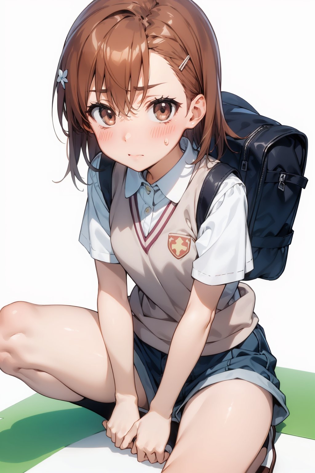 misaka_mikoto,a cartoon image of a girl with her pants down sitting on the floor, 1girl, misaka mikoto, solo, brown hair, ((white background )),
school uniform, brown eyes, blush, underwear, tokiwadai school uniform, shorts, show panties, bag, hair ornament, sweater vest