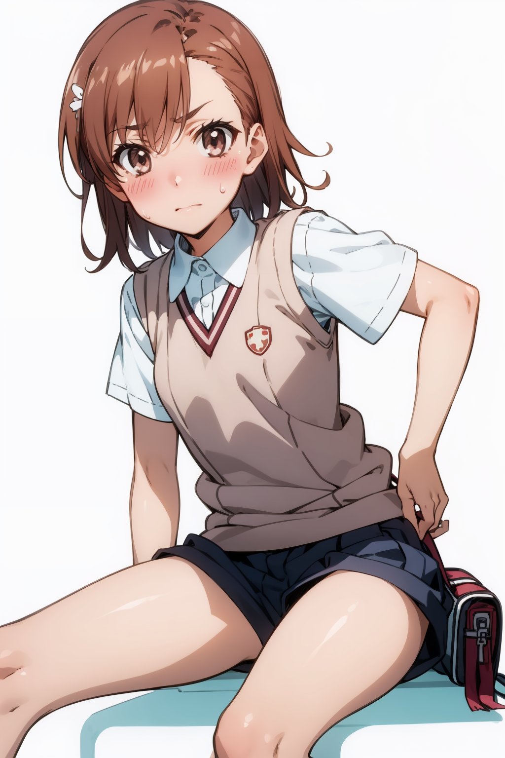 misaka_mikoto,a cartoon image of a girl with her pants down sitting on the floor, 1girl, misaka mikoto, solo, brown hair, ((white background )),
school uniform, brown eyes, blush, underwear, tokiwadai school uniform, shorts, undressing panties, bag, hair ornament, sweater vest,undressing