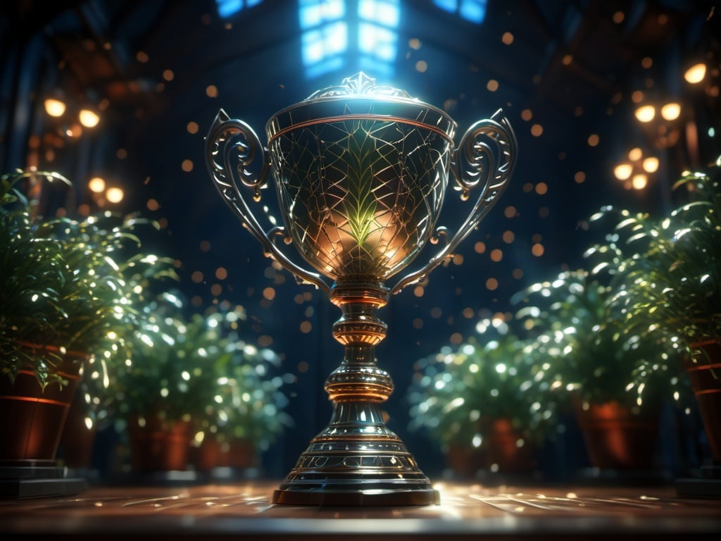 BJ_3D_trophy,indoors,blurry,no_humans,depth_of_field,blurry_background,plant,scenery,potted_plant,light,3D Model,8k,digital photography,masterpiece,sidelighting,hdr,realistic,(high definition:1.2),(best quality, masterpiece, photorealistic, realistic),(finely detailed beautiful eyes:1.2),<lora:3D_trophy_SDXL_test:1>,