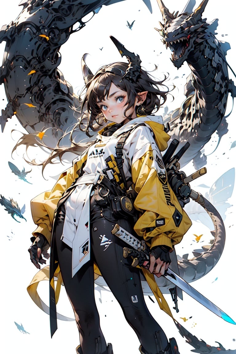 7-year-old girl in yellow sweatshirt, dark brown hair, advancing into battle with a sword,dragon ear, <lora:EMS-432-EMS:0.55>, <lora:EMS-18239-EMS:0.7>