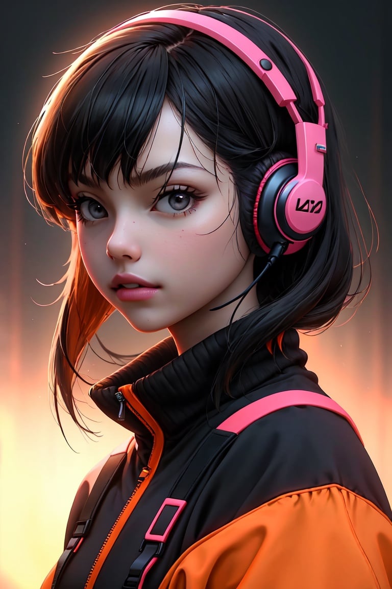 ((Best quality)), ((masterpiece)), ((realistic)) and ultra-detailed photography of a 1nerdy girl with neon headphones. She has ((black hair)), is wearing an orange techwear jacket, and exudes a ((beautiful and aesthetic)) vibe., <lora:EMS-23627-EMS:0.4>