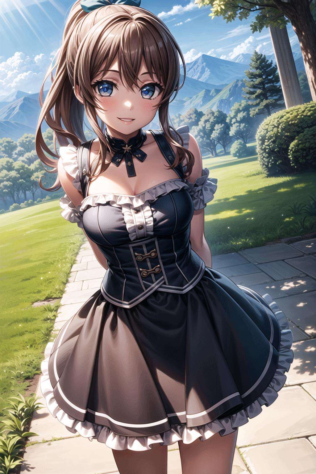 (masterpiece, best quality, ultra-detailed), (illustration), (beautiful detailed eyes),  <lora:more_details:0.6>(1girl), (solo),  yamabuki saaya, long hair, ponytail, hair ribbon, brown hair, blue eyes, (large breasts:1.1), <lora:SaayaV1:0.6>(dress, frills, skirt:1.3)(outdoors, greenary:1.2),looking the viewer, smile, parted lips, (standing:1.5),  (arms behind back:1.5), (cowboy shot:1.2),