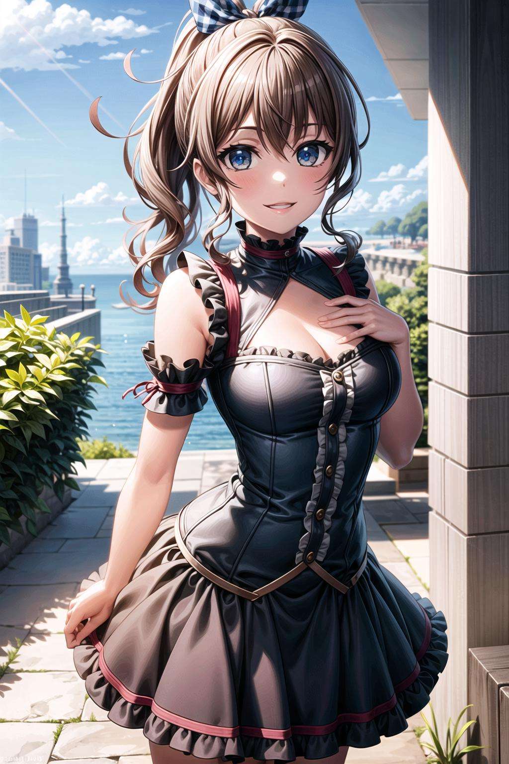 (masterpiece, best quality, ultra-detailed), (illustration), (beautiful detailed eyes),  <lora:more_details:0.6>(1girl), (solo),  yamabuki saaya, long hair, ponytail, hair ribbon, brown hair, blue eyes, (medium breasts:1.1), <lora:SaayaV1:0.6>(dress, frills, skirt:1.3)(outdoors, greenary:1.2),looking the viewer, smile, parted lips, (standing:1.5),  (arm behind back, hand on chest:1.5), (cowboy shot:1.2),