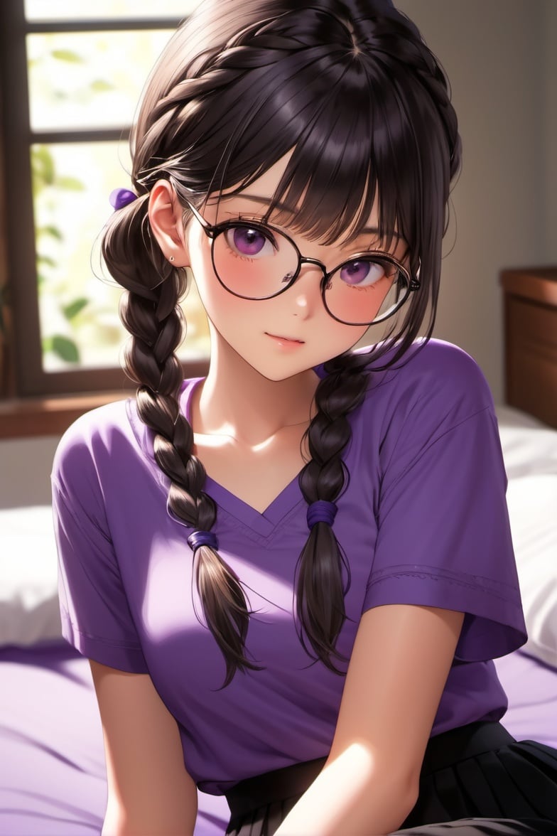 best quality, ultra-detailed, super detailed skin, cinematic lighting, sumifuji, medium hair, braid, blunt bangs, glasses, purple shirt, short sleeves, black skirt, bed, sitting, indoors, looking at viewer,