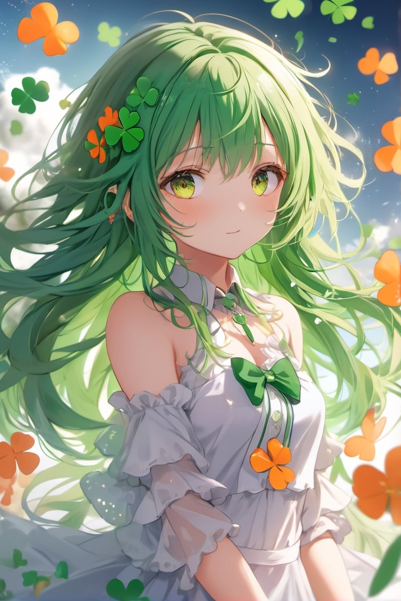 (1girl:1.2), loli, small breasts, green hair, orange eyes, clover hair ornament, long hair, disheveled hair, messy hair, lucency full dress,(solo:1.5),