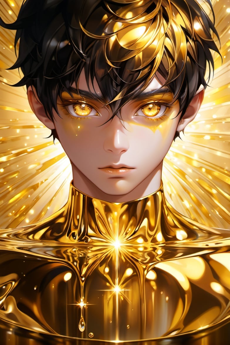 liquid gold boy, prismatic gold, shiny body,glod eye,light eye,