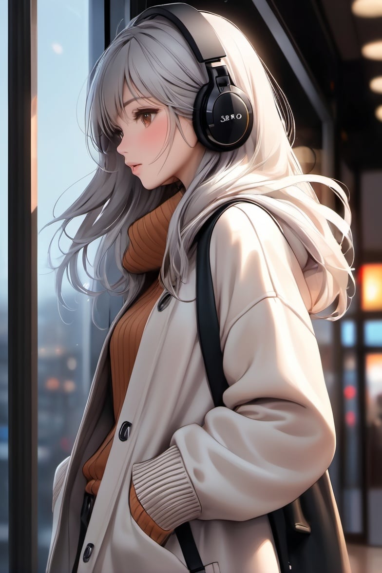 1girl, solo, long hair, headphones, sweater, hands in pockets, night, open clothes, hood, coat, turtleneck, standing, window, bangs, closed mouth, grey hair, pants, hat, cowboy shot, long sleeves, building, jacket, very long hair, white coat, brown eyes, from side, open coat, blush, profile, turtleneck sweaterhigh res,an extremely delicate and beautiful,huge_filesize,(realistic, photo-realistic:1.57),(8k, RAW photo, best quality, masterpiece:1.2),(ultra-detailed:1.4),detailed beautiful skin,detailed skin texture,glistening skin,Cinematic lenses,detailed light,cinematic lighting,