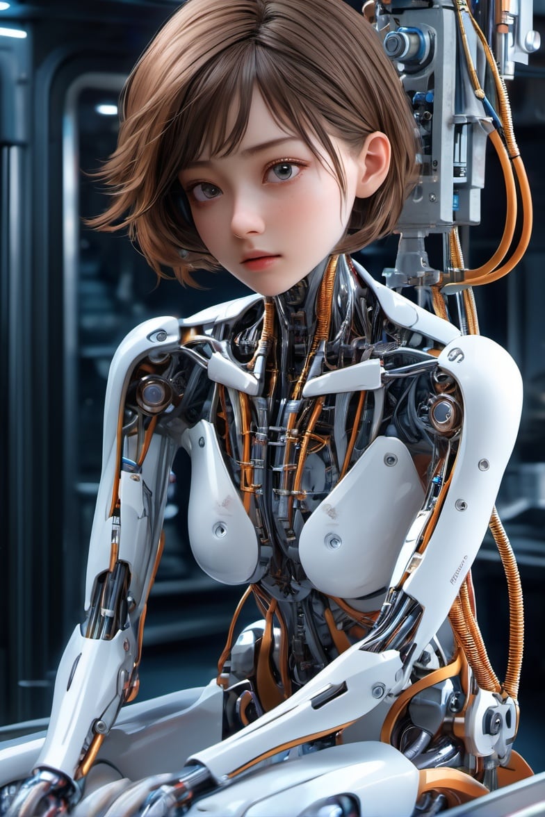 (((masterpiece))), (((best quality))), ((ultra-detailed)), (highly detailed CG illustration), ((an extremely delicate and beautiful)),(cute delicate face),cinematic light,((1mechanical girl)),solo,full body,(machine made joints:1.4),((machanical limbs)),(explosed muscles),(blood vessels connected to tubes),(a brain in container:1.3),((mechanical vertebra attaching to back)),((mechanical cervial attaching to neck)),((sitting)),expressionless,(wires and cables attaching to head and body:1.5),small breasts,short hair,(character focus),science fiction