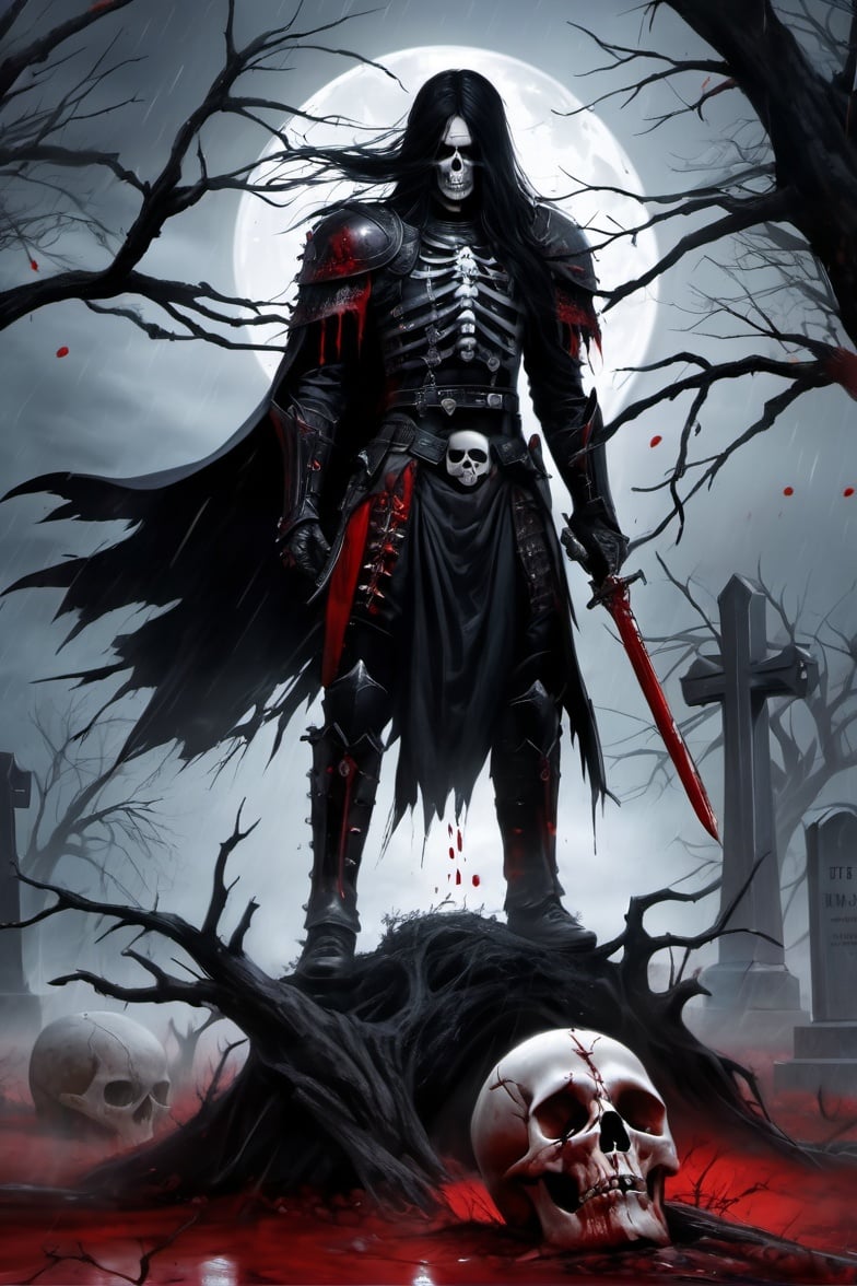 horror (theme),(masterpiece),(realistic),(best quality),(Grand cemetery:1.3),(glaveyard:1.3),Long black hair,Black eyes,Sexy armor,Perfect figure,skull,dark,Red rain,(Red full moon:1.2),(crow:0.8),blood,(Withered tree:1.4),Dead warrior,