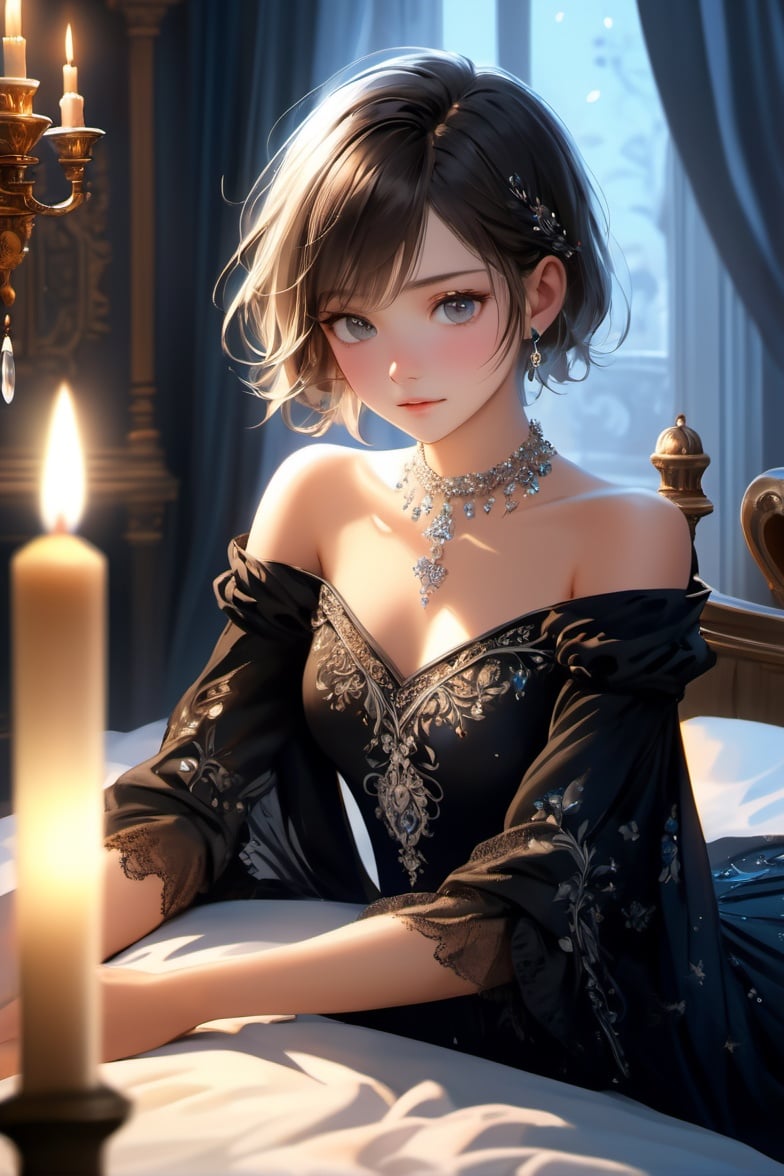 8K, (original) , (very detailed wallpaper) , (best quality) , (masterpiece) , photographic reality, realistic, very detailed illustrations, best illumination, best shadow, an extremely delicate and beautiful, Epic Light and Shadow, panorama, very wide shot, dynamic angle,  dynamic pose, half body, medieval, ornate bedroom, canopy bed, crystal, silk, lace, wind, night, moonlight, lit candle, 1girl, beatiful detailed eyes and face,  sitting on bed, arm support,  black ornate dress, translucent dress, short hair, messy hair,  crystal ornament,  prefect body, crystal necklace,