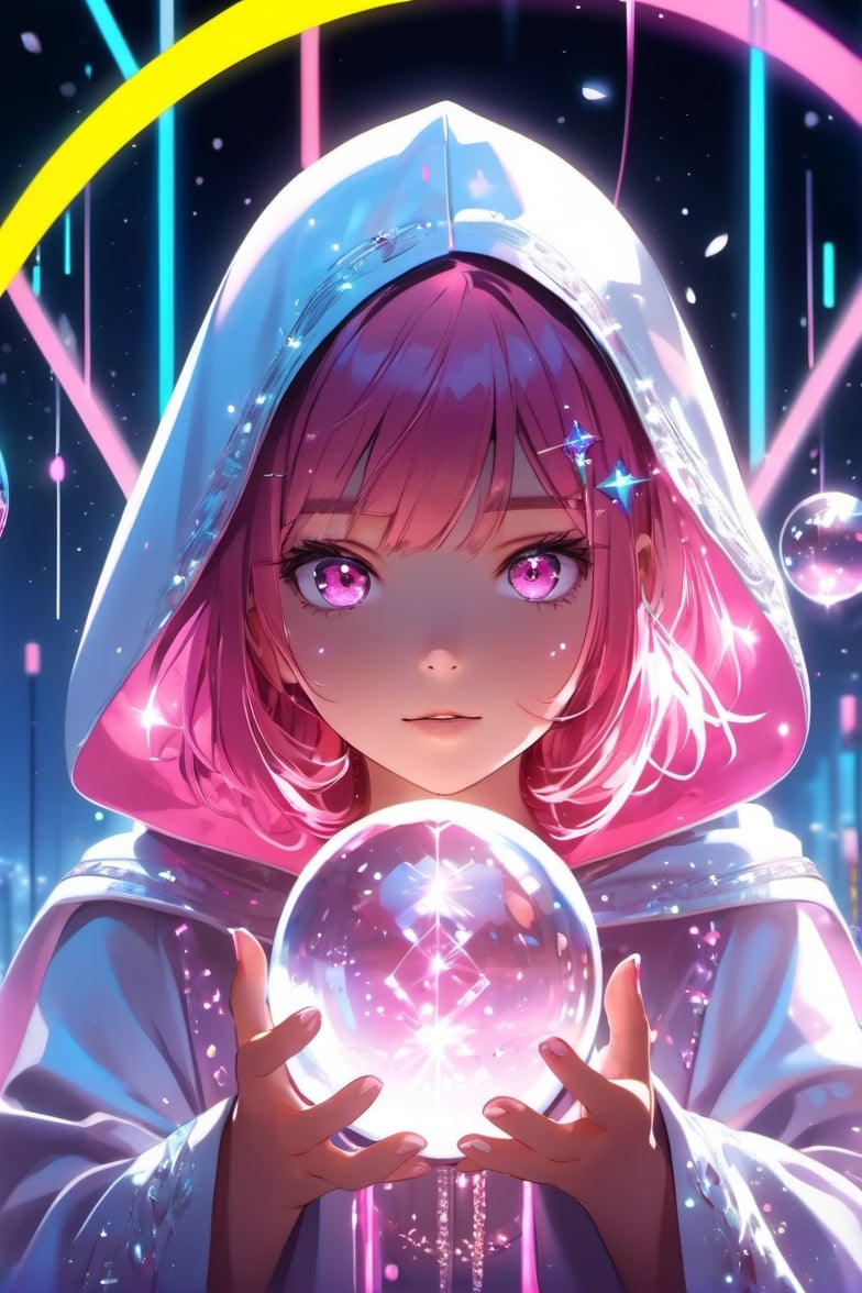 1girl,upper body,sideways,pink hair,hair ornament,pink eyes,hood,robe,crystal ball,light particles,bloom,neon lights,motion lines,