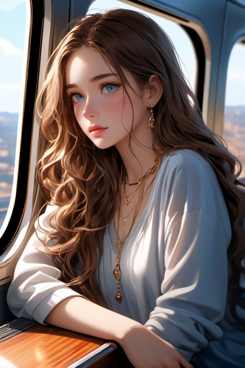 BJ_Lazy_moment,1girl,solo,long_hair,looking_at_viewer,blue_eyes,brown_hair,jewelry,upper_body,parted_lips,necklace,lips,window,wavy_hair,curly_hair,realistic,train_interior,cinematic lighting,strong contrast,high level of detail,Best quality,masterpiece,White background,<lora:Lazy_moment:0.7>,