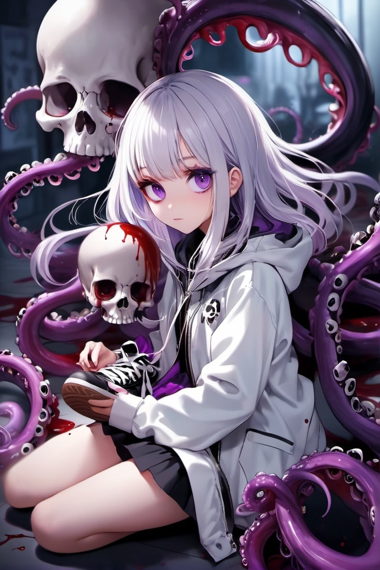 masterpiece,best_quality,concept_art,1girl,solo,loli,Necromancer,white_hair,long_jacket,purple_eyes,purple_liquid,wand,partly_bangs,hair_between_eyes,sneakers,black_legwear,((tentacles,skull,nightmare,flouting_eyeballs,blood)),depth of field，Focus on the character， <lora:genshinfull1-000006:0.8>