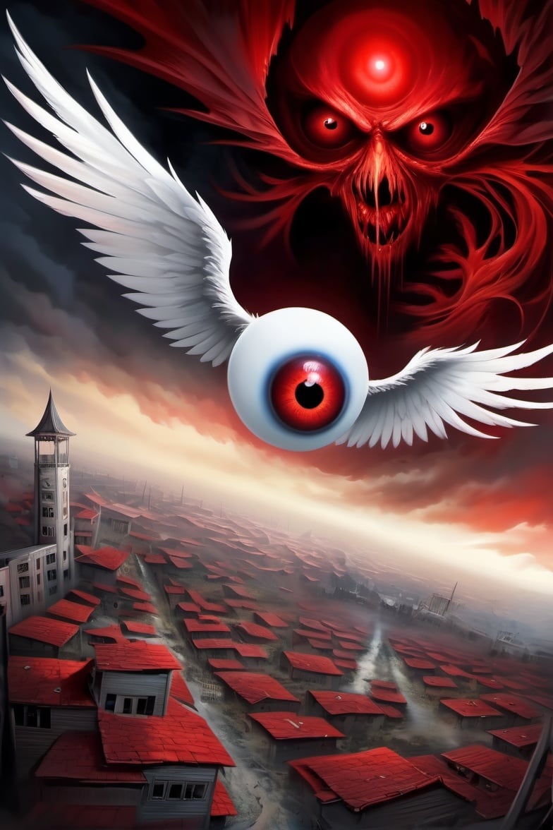 Huge blood-colored eyeballs, the valley of terror, the neighbors are afraid, thrilling, terrifying, there are huge white wings behind the eyeballs, flying in the air, things in the abyss, weird, terrifying, frightening