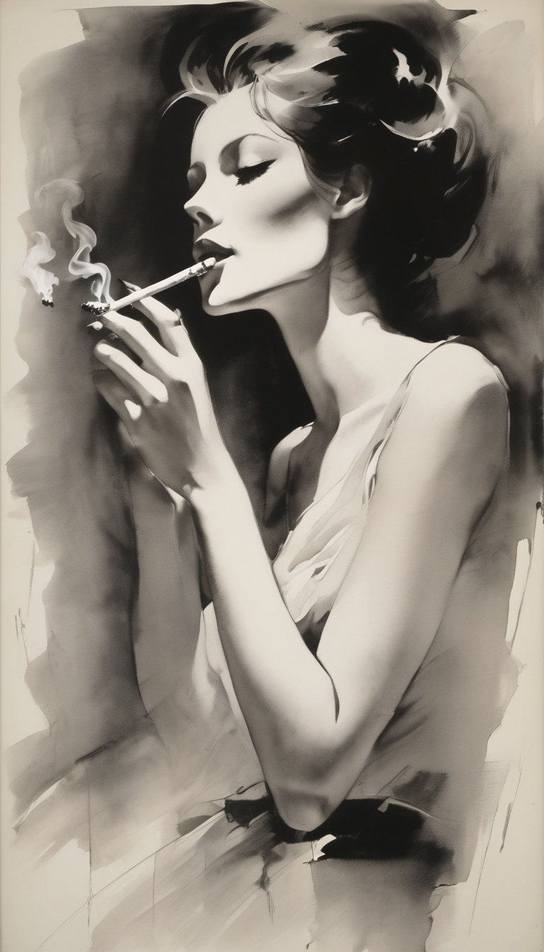 sketch, monochrome,  a scenery, a beautiful woman smoking a cigarette <lora:sketchSDXL:1>