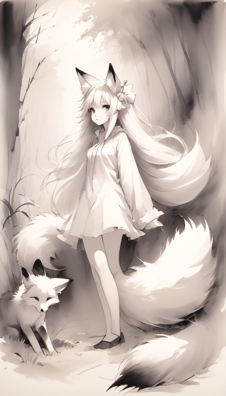 sketch, monochrome,  a scenery, a fox girl with very fluffy ears  <lora:sketchSDXL:1>